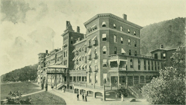 Historic postcard view of a large hillside building in Dansville